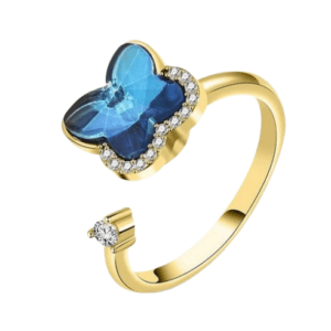 Fidget Adjustable Spinning Gold Coloured Blue Rhinestone Butterfly Ring