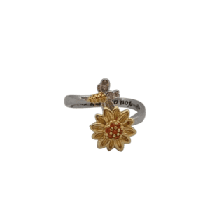 Silver Coloured Adjustable Fidget Spinning Sunflower and Bee Ring