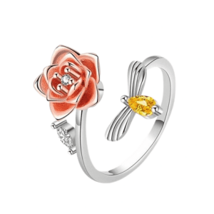 Silver Coloured Fidget Adjustable Spinning Pink Rose and Bee Ring