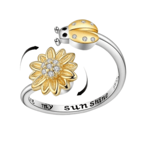 Silver Coloured Fidget Adjustable Spinning Gold Coloured Flower and Lady Bird Ring