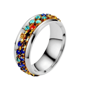 Fidget Spinning Silver Coloured with Coloured Rhinestones Band Ring
