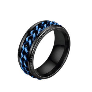 Stainless Steel Fidget Spinning Black Coloured Band Ring with Centre Blue Chain