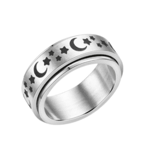 Fidget Spinning Silver Coloured Band Ring with Black Moon and Star Print