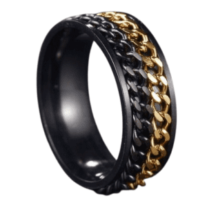 Fidget Spinning Black And Gold Coloured Band Ring with Double Chain