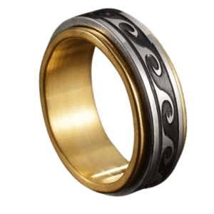 Spinning Gold Coloured Stainless Steel Band Fidget Ring with Silver Waves