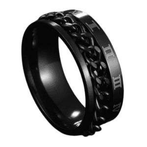 Fidget Spinning Black Stainless Steel Band Ring with Roman Numerals and Chain