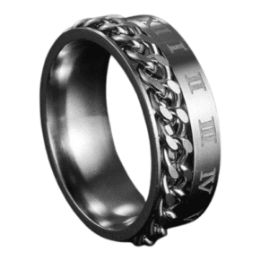 Fidget Spinning Silver Stainless Steel Band Ring with Roman Numerals and Chain