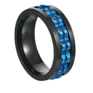 Stainless Steel Fidget Spinning Black Band Ring with Blue Bike Chain Effect