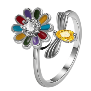 Silver Coloured Fidget Adjustable Bee and Flower Ring with Spinning Flower