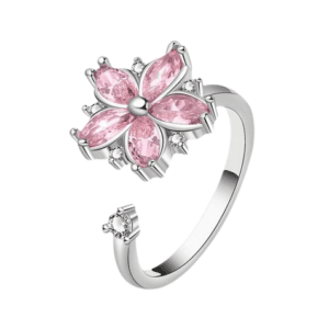 Silver Coloured Fidget Adjustable Pink Flower Ring with Spinning Flower