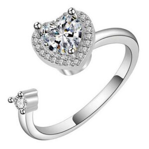 Silver Coloured Fidget Adjustable Ring with Spinning Rhinestone Heart
