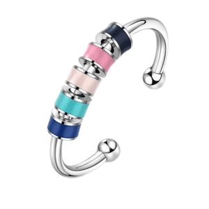 Silver Coloured Fidget Adjustable Ring with Spinning Blues Pinks Black Coloured Beads