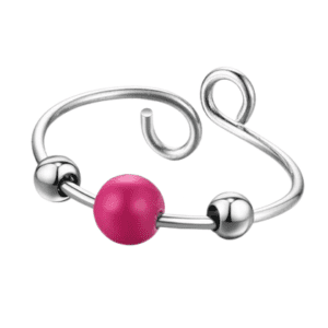 Silver Coloured Fidget Adjustable Boho Style Ring with Spinning Red and Silver Coloured Beads