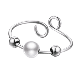 Silver Coloured Fidget Boho Adjustable Ring with Spinning White and Silver Beads