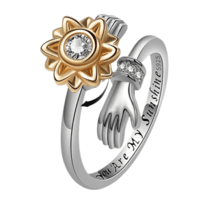Silver Coloured Fidget Adjustable Ring with Spinning Gold Coloured Flower and Hands