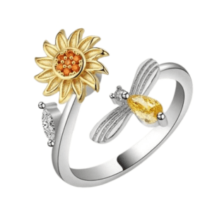 Silver Coloured Fidget Adjustable Spinning Sunflower and Bee Ring