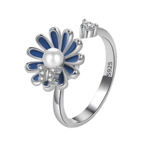 Silver Coloured Fidget Adjustable Spinning Blue Flower and Butterfly Ring