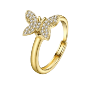 Gold Coloured Fidget Adjustable Spinning Rhinestone Butterfly Ring
