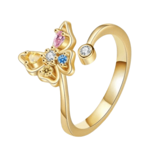 Gold Coloured Adjustable Coloured Rhinestone Butterfly Ring
