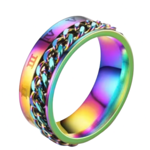 Stainless Steel Rainbow Coloured Fidget Ring with Spinning Chain and Roman Numerals