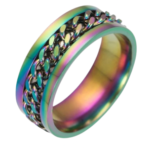 Stainless Steel Rainbow Fidget Ring with Spinning Chain