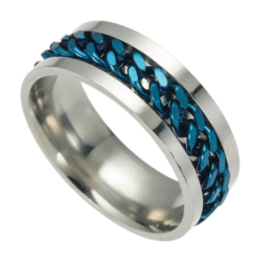 Silver Coloured Stainless Steel Fidget Ring with Spinning Royal Blue Chain