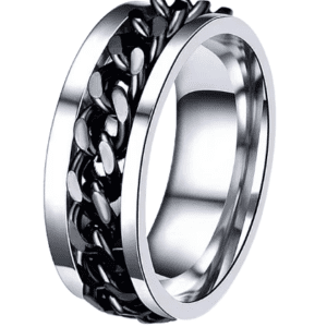 Silver Coloured Stainless Steel Fidget Ring with Spinning Centre Black Chain