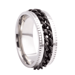Silver Coloured Stainless Steel Fidget Ring with Black Spinning Chain