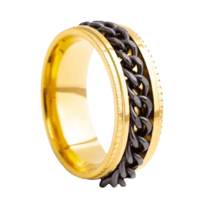 Gold Coloured Stainless Steel Fidget Ring with Black Spinning Chain