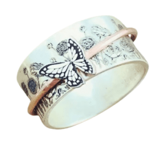 Silver Coloured Stainless Steel Wide Boho Thumb Fidget Ring with Spinning Butterfly