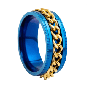 Blue Stainless Steel Fidget Ring with Gold Coloured Spinning Chain