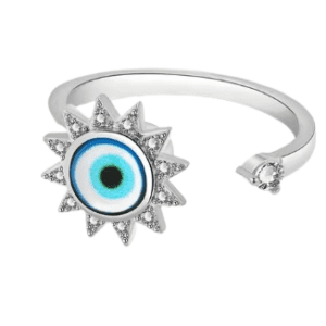 Silver Coloured Adjustable Turkish Eye Fidget Ring with Clear Crystals
