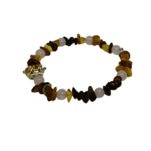 Baltic Amber and Rose Quartz Gemstone Beaded Bracelet with Gold Coloured Crown
