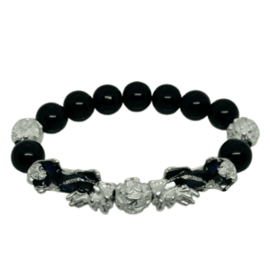 Unisex Chunky Black Obsidian Beads with Silver Coloured Chinese Pixiu Good Luck Pendant