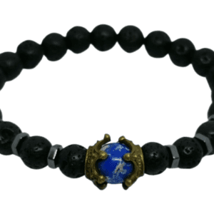 Black Lava Scent Beaded Bracelet with Blue Agate Bead and Antique Bronze Crowns