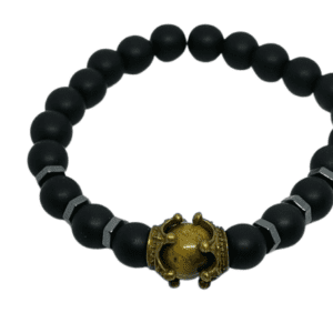Matt Black Agate Beaded Bracelet with Tigers Eye Gemstone Bead and Antique Bronze Crowns
