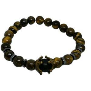 Tigers Eye Gemstone Bracelet with Black Matt Agate Centre Bead with Antique Bronze Crowns