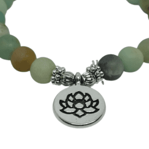 Yoga Lotus Flower Silver Coloured Pendant on Matt Amazonite Natural Stone Bracelet