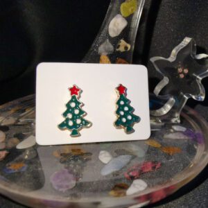 Gold Coloured Red Green White Christmas Tree Stud Metal Earrings