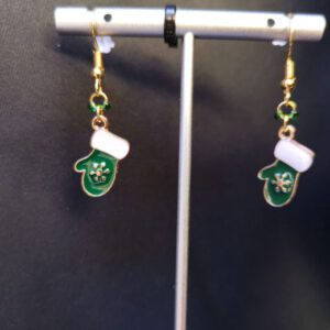 Green and White Mitten Glove Snow Gold Coloured Metal Earrings