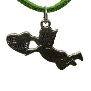 Soft Green Suede / Leather Necklace with Double Sided Engraved Silver Cherub and Heart