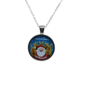 Santa Father Christmas and His Reindeer in a Domed Glass Silver Coloured Metal Pendant