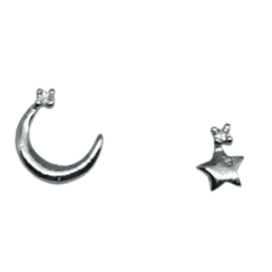Dainty Silver Coloured Star and Moon Stud Earrings with Clear Sparkly Crystals