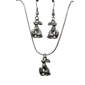 Silver Coloured Double Sided Easter Bunny and Egg Pendant on a Sterling Silver Snake Chain Set