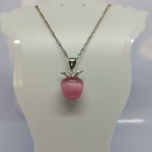 Pink Cats Eye Gemstone Apple Pendant and Silver Coloured Water Wave Necklace