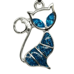 Silver Coloured O Link Necklace with Silver Coloured Metal Cat with Turquoise Blue Rhinestone