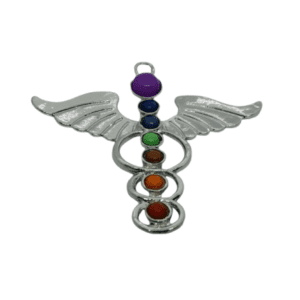 Silver Coloured Metal Angel Wings with the 7 Natural Stones Pendant