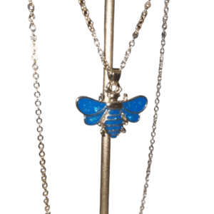 Silver Coloured Chain Necklace with Blue Fire Opal Style Bee Pendant