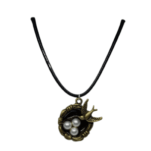 Bronze Coloured Metal Birds Nest and Eggs Pendant on a Black Cord Adjustable Necklace