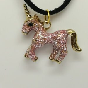 Soft Black Suede Necklace/Choker with Gold Coloured Fastenings and Pink 3D Sparkle Unicorn Pendant